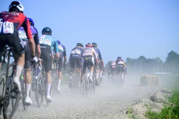 The pack of riders pictured in action during the Antwerp Port Epic men s elite one day cycling race, 196,4 km in and around Antwerp, Monday 25 May 2026. TOM GOYVAERTS TomxGoyvaerts  x175083029x