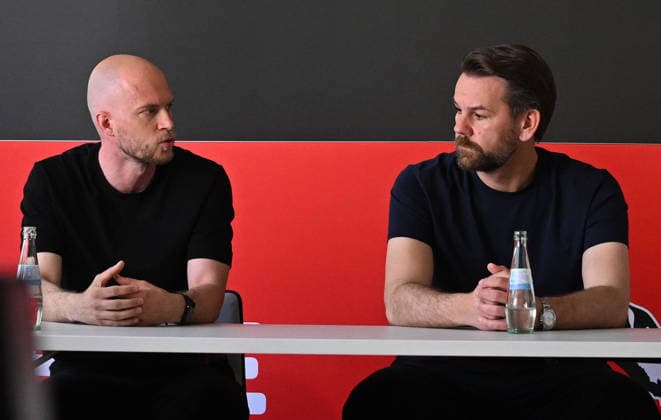 26 05 2026, xophax, Fußball 1 Bundesliga, 1 FC Koeln , 1 FC Köln , Media round after the end of the season Coach Rene Wagner and Managing Director Sport Thomas Kessler , right Koeln
