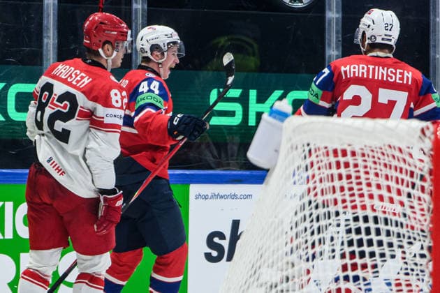 260526 Tinus Luc Koblar of Norway celebrates after 3 1 during the 2026 IIHF Ice Hockey World Championship match between Norway and Denmark on May 26, 2026 in Fribourg Photo Jesper Zerman BILDBYRAN kod JZ JZ0731 ishockey ice hockey ishockey vm 2026 vm 2026 iihf world championship norge norway danmark denmark bbeng jubel norge norway danmark denmark celebrates  Copyright: JESPERxZERMAN BB260526JZ013
