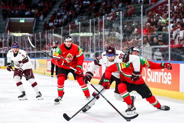 Ice hockey, Eishockey - IIHF WC 2026 ZURICH,SWITZERLAND,26.MAY.26 - ICE HOCKEY - IIHF Ice Hockey World Championship, WM, Weltmeisterschaft 2026, group stage, Hungary vs Latvia. Image shows Oskars Batna (LAT) and Gabor Tornyai (HUN).  GEPAxpictures xMaticxKlansek