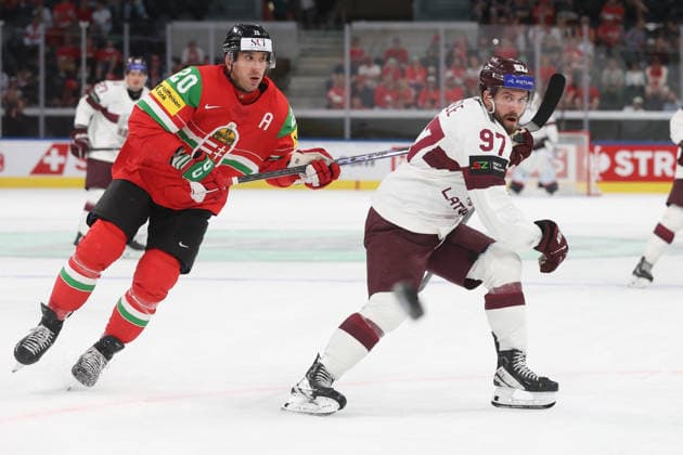 26 05 2026 Swiss Life Arena Zurich , SWITZERLAND, Mens Ice Hockey IIHF World Championship Zurich 2026 Group A HUN LAT Istvan Sofron li,HUN vs Haralds Egle LAT