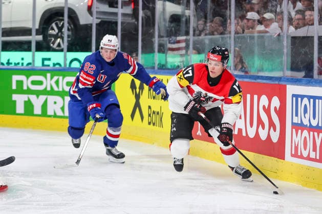 Ice hockey, Eishockey - IIHF WC 2026 ZURICH,SWITZERLAND,26.MAY.26 - ICE HOCKEY - IIHF Ice Hockey World Championship, WM, Weltmeisterschaft 2026, group stage, USA vs Austria. Image shows Ian Scherz (AUT).  GEPAxpictures xMaticxKlansek