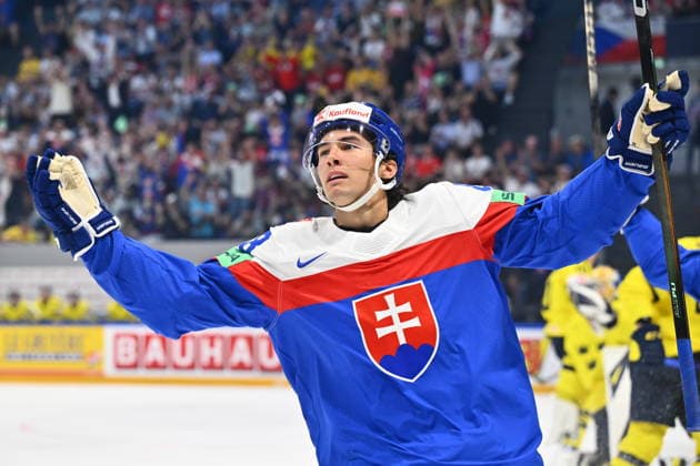 Martin Chromiak of Slovakia celebrates a goal during the IIHF World Championship, WM, Weltmeisterschaft Group B match Sweden vs Slovakia on May 26, 2026, Fribourg, Switzerland. (CTKxPhoto RadekxPetrasek) CTKPhotoP2026052606281  CTKPhotoP2026052606281