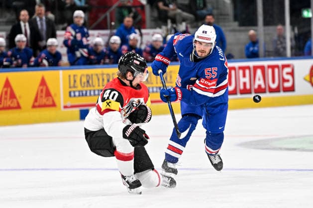 ZURICH, SWITZERLAND MAY 26 Tim Harnisch of Austria blocks a shot by Ryan Lindgren of United States during the 2026 IIHF Ice Hockey World Championship Switzerland game between USA and Austria at Swiss Life Arena on May 26, 2026 in Zurich, Zurich Zurich Swiss Life Arena Zurich Switzerland Copyright: xJustPictures.ch AndreaxBrancax jp-en-EuSpIm-JP7_ANB_USA_Aut_26052026_6450