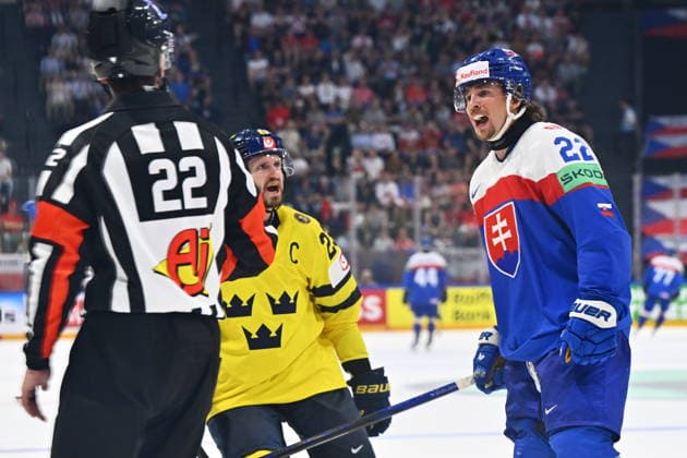 Kristian Pospisil of Slovakia, right, reacts during the IIHF World Championship, WM, Weltmeisterschaft Group B match Sweden vs Slovakia on May 26, 2026, Fribourg, Switzerland. (CTKxPhoto RadekxPetrasek) CTKPhotoP2026052607616  CTKPhotoP2026052607616