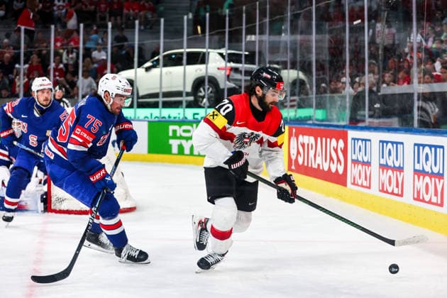 Ice hockey, Eishockey - IIHF WC 2026 ZURICH,SWITZERLAND,26.MAY.26 - ICE HOCKEY - IIHF Ice Hockey World Championship, WM, Weltmeisterschaft 2026, group stage, USA vs Austria. Image shows Connor Clifton (USA) and Benjamin Nissner (AUT).  GEPAxpictures xMaticxKlansek
