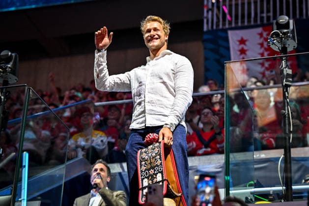 ZURICH, SWITZERLAND MAY 26 Skier Marco Odermatt during the pre game ceremony during the 2026 IIHF Ice Hockey World Championship Switzerland game between Switzerland and Finland at Swiss Life Arena on May 26, 2026 in Zurich, Zurich Zurich Swiss Life Arena Zurich Switzerland Copyright: xJustPictures.ch AndreaxBrancax jp-en-EuSpIm-JP7_ANB_SuiFin_26052026_7221