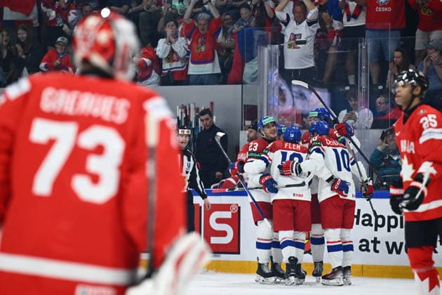 Czech players celebrate a goal during the IIHF World Championship, WM, Weltmeisterschaft Group B match Czech Republic vs Canada on May 26, 2026, Fribourg, Switzerland. (CTKxPhoto RadekxPetrasek) CTKPhotoP2026052608628  CTKPhotoP2026052608628