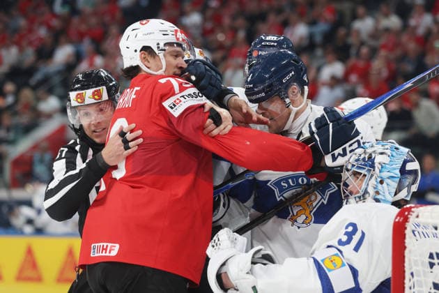 26 05 2026 Swiss Life Arena Zurich , SWITZERLAND, Mens Ice Hockey IIHF World Championship Zurich 2026 Group A SUI FIN Calvin Thuerkauf li,SUI vs Mikko Lehtonen FIN