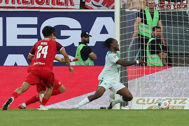 26 05 2026, xrekx, Soccer 2 Bundesliga Relegation, SpVgg Greuther Fuerth Rot Weiss Essen v l Goal shot to 1 0 by Noel Futkeu SpVgg Greuther Fuerth DFL DFB REGULATIONS PROHIBIT ANY USE OF PHOTOGRAPHS as IMAGE SEQUENCES and or QUASI VIDEO Fuerth