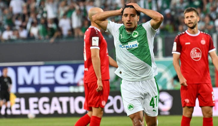 26 05 2026 Soccer season 2025 2026 Relegation 2 Soccer Bundesliga first leg SpVgg Greuther Fürth Kleeblatt Rot Weiss Essen RWE Sportfoto Zink xwoxzix DFL regulations prohibit any use of photographs as image sequences and or quasi video only for editorial use Sayfallah Ltaief 47, SpVgg Greuther Fürth disappointed Disappointment after missed chance Goal chance