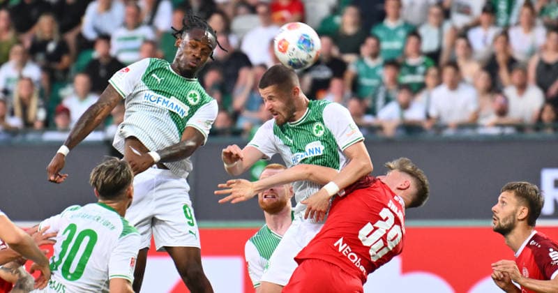 26 05 2026 Soccer season 2025 2026 Relegation 2 Soccer Bundesliga first leg SpVgg Greuther Fürth Kleeblatt Rot Weiss Essen RWE Sportfoto Zink xwoxzix DFL regulations prohibit any use of photographs as image sequences and or quasi video only for editorial use Noel Futkeu 9, SpVgg Greuther Fürth Jan Elvedi 15, SpVgg Greuther Fürth Gianluca Swajkowski 39, Rot Weiss Essen