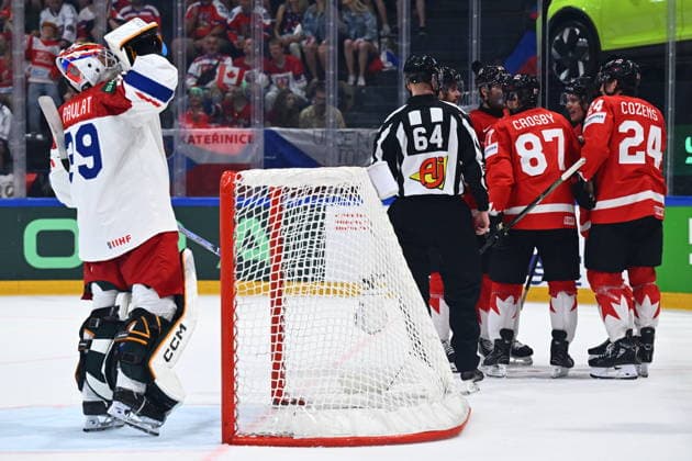 Players of Canada celebrate a goal during the IIHF World Championship, WM, Weltmeisterschaft Group B match Czech Republic vs Canada on May 26, 2026, Fribourg, Switzerland. At left is goalkeeper Dominik Pavlat of Czech Republic. (CTKxPhoto RadekxPetrasek) CTKPhotoP2026052609262  CTKPhotoP2026052609262