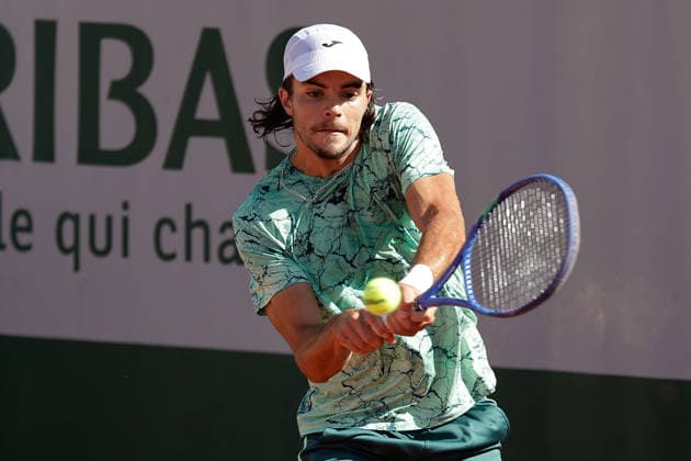 French Open Jaime Faria POR plays a backhand during at the 2026 Roland Garros tournament in Paris, FRANCE, on May 26 2026 Copyright: AntonioxBorga