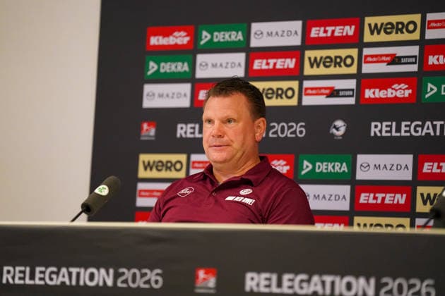 Germany Soccer 2 Bundesliga Relegation 2025 2026 SpVgg Greuther Fürth vs Rot Weiss Essen Sportpark Ronhof I Thomas Sommer Fürth Uwe Koschinat Coach, Rot Weiss Essen Press conference, Media Copyright: xJOERANxSTEINSIEKx