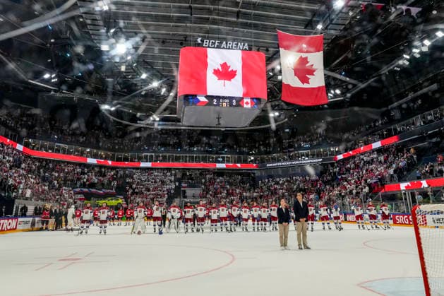 FRIBOURG, SWITZERLAND MAY 26 Both team aligned on the blue line during Canada National Anthems during the 2026 IIHF Ice Hockey World Championship Switzerland game between Czechia and Canada at BCF Arena on May 26, 2026 in Fribourg, Fribourg Fribourg BCF Arena Fribourg Switzerland Copyright: xJustPictures.ch JarixPestelaccix jp-en-EuSpIm-JP6_JAR_Czechia_Canada_26May2026_00225