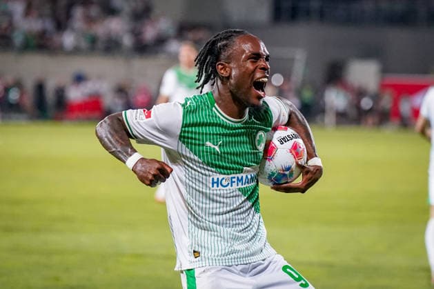 Germany Soccer 2 Bundesliga Relegation 2025 2026 SpVgg Greuther Fürth vs Rot Weiss Essen Sportpark Ronhof I Thomas Sommer Fürth Joy, emotions, jubilation Noel Futkeu SpVgg Greuther Fürth, 9 facial expression, facial expression, emotion, gesture, gesture, emotion Copyright: xJOERANxSTEINSIEKx