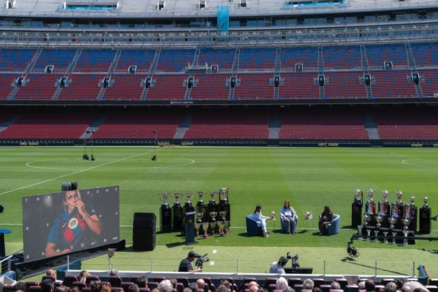 Alexia Putellas leaves FC Barcelona, Barca in Barcelona, Spain. FC Barcelona woman player Alexia Putellas during her FC Barcelona farewell ceremony in Auditori 1899, Barcelona, Spain, on May 27, 2026. Vicky Lopez speaking about Alexia Putellas during the act. Barcelona Auditori 1899 Barcelona Spain