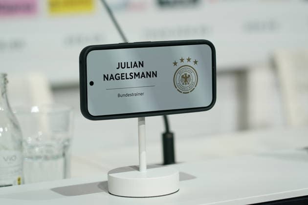 Name badge national coach Julian Nagelsmann Germany Germany in the press conference room Herzo Base 27 05 2026 German national team, training camp for World Cup preparation, Home Ground, HerzoBase, World of Adidas, Herzogenaurach