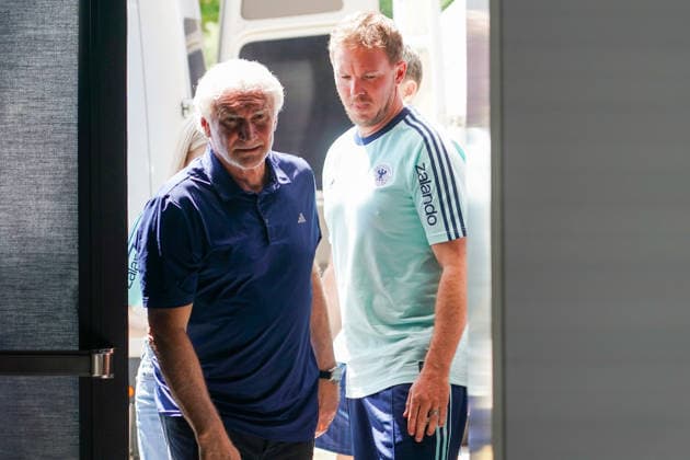 National coach Julian Nagelsmann and sports director Rudi Völler Germany Germany come to the press conference room Herzo Base 27 05 2026 German national team, training camp for World Cup preparation, Home Ground, HerzoBase, World of Adidas, Herzogenaurach