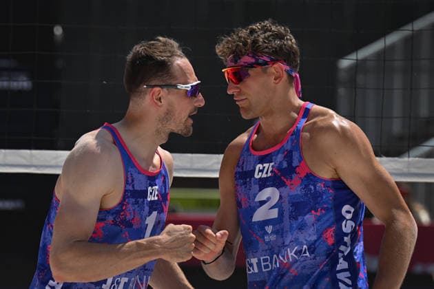 From left Ondrej Perusic and Jiri Sedlak of Czech Republic during the match Krystof Oliva and Vaclav Kurka of Czech Republic vs Ondrej Perusic and Jiri Sedlak of Czech Republic at the Pro Tour, Beach volleyball, Beachvolleyball tournament of Elite category, Ostrava, Czech Republic, May 27, 2026. (CTKxPhoto JaroslavxOzana) CTKPhotoP2026052705442  CTKPhotoP2026052705442