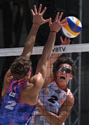 From left Jiri Sedlak of Czech Republic and Vaclav Kurka of Czech Republic during the match Krystof Oliva and Vaclav Kurka of Czech Republic vs Ondrej Perusic and Jiri Sedlak of Czech Republic at the Pro Tour, Beach volleyball, Beachvolleyball tournament of Elite category, Ostrava, Czech Republic, May 27, 2026. (CTKxPhoto JaroslavxOzana) CTKPhotoP2026052705600  CTKPhotoP2026052705600