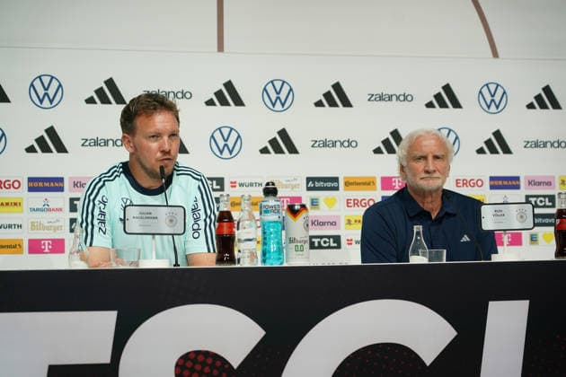 National coach Julian Nagelsmann and sports director Rudi Völler Germany Germany at the opening press conference of the World Cup training camp Herzo Base 27 05 2026 German national team, training camp for World Cup preparation, Home Ground, HerzoBase, World of Adidas, Herzogenaurach