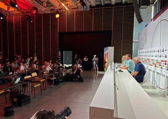 27 05 2026, Football DFB national team Germany, training camp before the World Cup, kick-off press conference in the HALFTIME media center at ADIDAS, in Herzogenaurach At the podium, sports director coach Julian Nagelsmann Germany and sports director Rudi Völler Germany answer questions from journalists