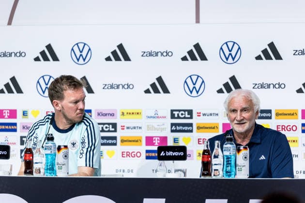 HERZOGENAURACH, GERMANY - MAY 27: Julian Nagelsmann (Head Coach Germany) and Rudi Voeller (Völler, Voller, Director A national team, Nationalteam Germany) during the press conference, PK, Pressekonferenz to start the trainings camp of Germany to prepare for the FIFA World Cup, WM, Weltmeisterschaft, Fussball 2026 on May 27, 2026 in Herzogenaurach, Germany. Bavaria Germany Copyright: xSteffiexWunderlx