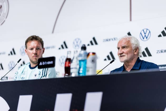 HERZOGENAURACH, GERMANY - MAY 27: Julian Nagelsmann (Head Coach Germany) and Rudi Voeller (Völler, Voller, Director A national team, Nationalteam Germany) during the press conference, PK, Pressekonferenz to start the trainings camp of Germany to prepare for the FIFA World Cup, WM, Weltmeisterschaft, Fussball 2026 on May 27, 2026 in Herzogenaurach, Germany. Bavaria Germany Copyright: xSteffiexWunderlx