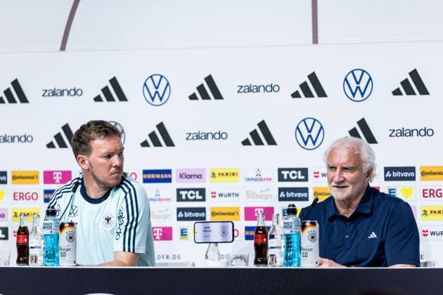 HERZOGENAURACH, GERMANY - MAY 27: Julian Nagelsmann (Head Coach Germany) and Rudi Voeller (Völler, Voller, Director A national team, Nationalteam Germany) during the press conference, PK, Pressekonferenz to start the trainings camp of Germany to prepare for the FIFA World Cup, WM, Weltmeisterschaft, Fussball 2026 on May 27, 2026 in Herzogenaurach, Germany. Bavaria Germany Copyright: xSteffiexWunderlx