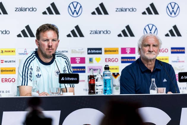 HERZOGENAURACH, GERMANY - MAY 27: Julian Nagelsmann (Head Coach Germany) and Rudi Voeller (Völler, Voller, Director A national team, Nationalteam Germany) during the press conference, PK, Pressekonferenz to start the trainings camp of Germany to prepare for the FIFA World Cup, WM, Weltmeisterschaft, Fussball 2026 on May 27, 2026 in Herzogenaurach, Germany. Bavaria Germany Copyright: xSteffiexWunderlx