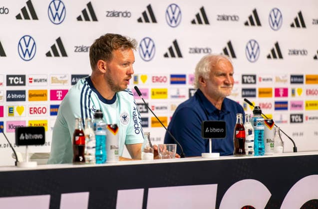 27 05 2026, Football DFB national team Germany, training camp before the World Cup, kick-off press conference in the HALFTIME media center at ADIDAS, in Herzogenaurach Coach Julian Nagelsmann left, Germany and Sports Director Rudi Völler right, Germany answer the journalists questions,