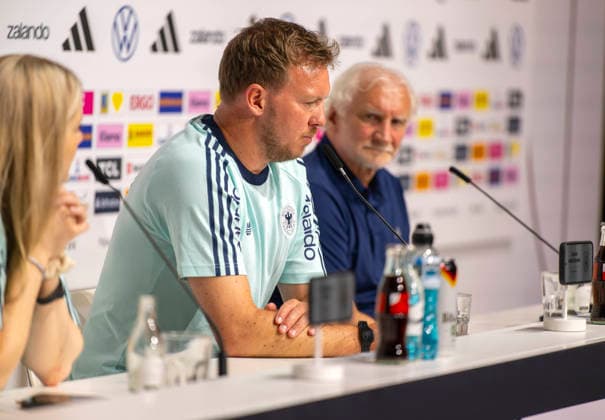 27 05 2026, Football DFB national team Germany, training camp before the World Cup, kick-off press conference in the HALFTIME media center at ADIDAS, in Herzogenaurach Coach Julian Nagelsmann left, Germany and Sports Director Rudi Völler right, Germany answer the journalists questions,