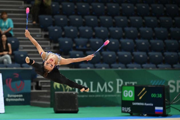 OTHER - Gymnastics - European Championships in Rhythmic gymnastics, Rhythmische Sportgymnastik, RSG Photo by IPA ABACAPRESS.COM85109594 - SAVINOVA Kseniia (RUS) on the right the panel that show thenationality RUSSIAN during European Championships in Rhythmic Gymnastics, Gymnastics in Varna, Bulgaria, May 27 2026 Varna Bulgaria  Copyright: xIPAxSport ABACAx