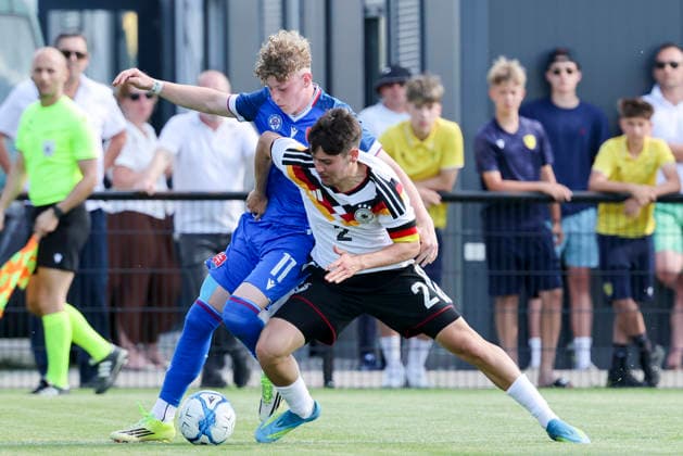 Samuel Kovacik Slovakia and Rafael Pinto Pedrosa Germany battle for the ball, UEFA Under 19 friendly, Slovakia v Germany, MOL Academy on 27 May 2026 in Dunajska Streda, Slovakia Photo by Marco Steinbrenner DeFodi Images Samuel Kovacik Slovakia and Rafael Pinto Pedrosa Germany battle for the ball, UEFA Under 19 friendly, Slovakia v Germany, MOL Academy, May 27, 2026 in Dunajska Streda, Slovakia Photo by Marco Steinbrenner DeFodi Images