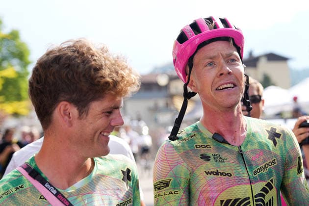 Denmark™s Michael Valgren of EF Education - Easypost react after win the stage Stage 17 of the Giro d™Italia, from Cassano d™Adda to Andalo, Italy, Wednesday, May 27, 2026.  Copyright: xSimonexSpada LaPressex