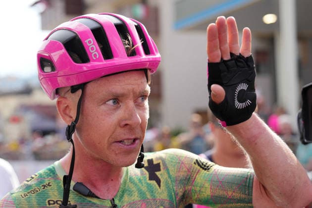 Denmark™s Michael Valgren of EF Education - Easypost react after win the stage 17 of the Giro d™Italia, from Cassano d™Adda to Andalo, Italy, Wednesday, May 27, 2026.  Copyright: xSimonexSpada LaPressex