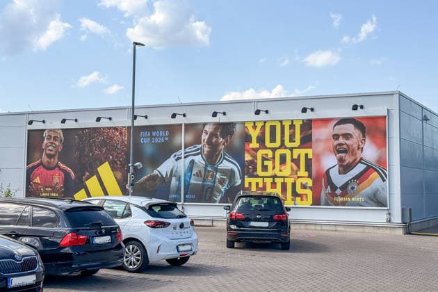 World Cup advertising at the World of Adidas, location of the World Cup training camp of the German national team Herzo Base 27 05 2026 German national team, training camp for World Cup preparation, Home Ground, HerzoBase, World of Adidas, Herzogenaurach