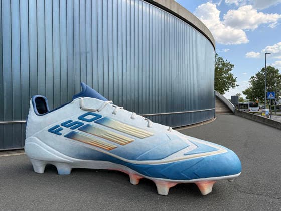 Oversized F50 soccer boot in front of the World of Adidas, location of the World Cup training camp of the German national team Herzo Base 27 05 2026 German national team, training camp for World Cup preparation, Home Ground, HerzoBase, World of Adidas, Herzogenaurach