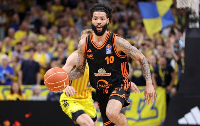 Tevin Brown on the ball Upper body action Sport Basketball BBL Bundesliga Mens Play Off Quarter-final 5 Game Season 2025 2026 27 05 2026 ALBA Berlin vs SC Rasta Vechta