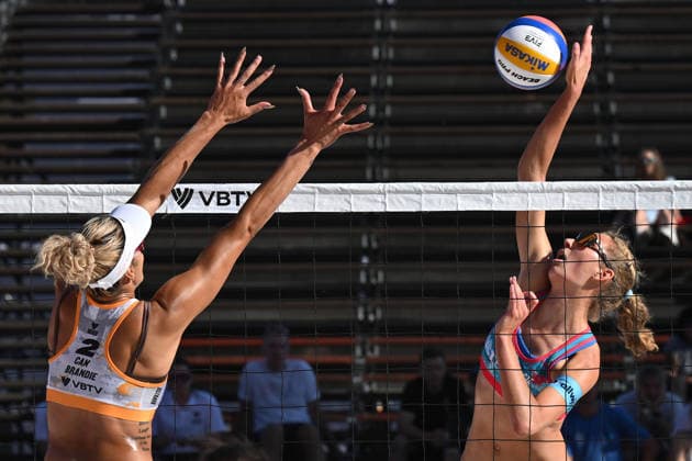 Melissa Human-Paredes, Brandie Wilkerson (left) of Canada and Katerina Pavelkova, Anna Pavelkova (right) of Czech Republic in action during the match at the Pro Tour, Beach volleyball, Beachvolleyball tournament of Elite category, Ostrava, Czech Republic, May 27, 2026. (CTKxPhoto JaroslavxOzana) CTKPhotoP2026052708119  CTKPhotoP2026052708119