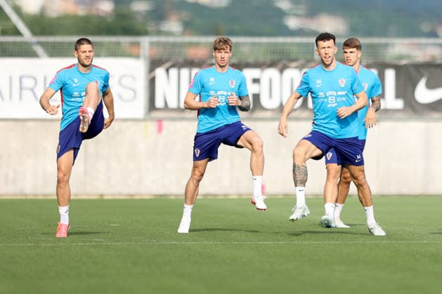Training session of Croatian national football team Andrej Kramaric, Kristijan Jakic, Ivan Perisic and Luka Vuskovic of Croatia during a training session at Rujevica Stadium in Rijeka, Croatia, on May 27, 2026. The Croatian national football team is holding a pre-World Cup training camp ahead of friendly matches against Belgium and Slovenia.  NelxPavletic PIXSELL