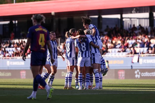 May 27, 2026, Sant Joan Despi, Barcelona, Spain: Emma Ramirez Gorgoso of Real Sociedad celebrates a goal with teammates during the Spanish Women league, Liga F, football match played between FC Barcelona, Barca and Real Sociedad at Johan Cruyff Stadium on May 27, 2026 in Sant Joan Despi, Barcelona. Sant Joan Despi Spain - ZUMAa181 20260527_zaa_a181_053 Copyright: xJavierxBorregox