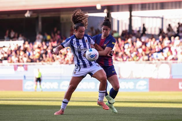 May 27, 2026, Sant Joan Despi, Barcelona, Spain: Emma Ramirez Gorgoso of Real Sociedad and Marta Torrejon of FC Barcelona, Barca compete for the ball during the Spanish Women league, Liga F, football match played between FC Barcelona and Real Sociedad at Johan Cruyff Stadium on May 27, 2026 in Sant Joan Despi, Barcelona. FC Barcelona V Real Sociedad - Liga F  - ZUMAa181 20260527_zaa_a181_058 Copyright: xJavierxBorregox