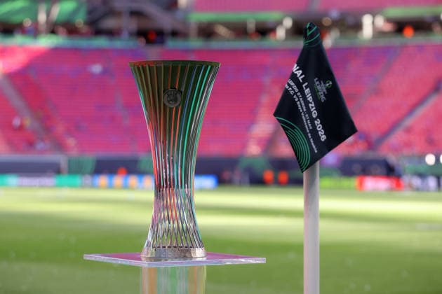 27 05 2026, xtgx, Football UEFA Conference League Final 2026, Crystal Palace Rayo Vallecano v l symbol photo, symbol image Conference Final in Leipzig with the cup, the trophy UEFA REGULATIONS PROHIBIT ANY USE OF PHOTOGRAPHS as IMAGE SEQUENCES and or QUASI VIDEO Red Bull Arena