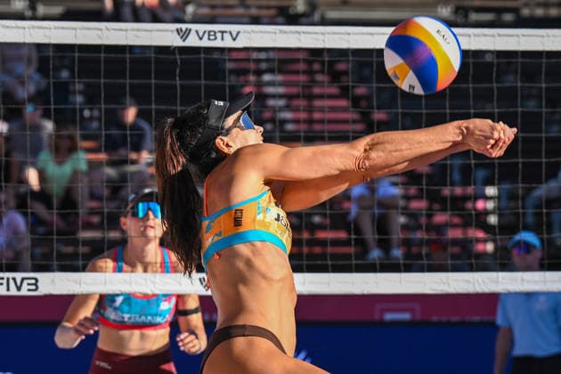 Carolina Solberg Salgado (right) and Rebecca Cavalcanti Barbosa of Brasil and Kylie Neuschaeferova (left) and Martina Maixnerova of Czech Republic in action during the match at the Pro Tour, Beach volleyball, Beachvolleyball tournament of Elite category, Ostrava, Czech Republic, May 27, 2026. (CTKxPhoto JaroslavxOzana) CTKPhotoP2026052708393  CTKPhotoP2026052708393