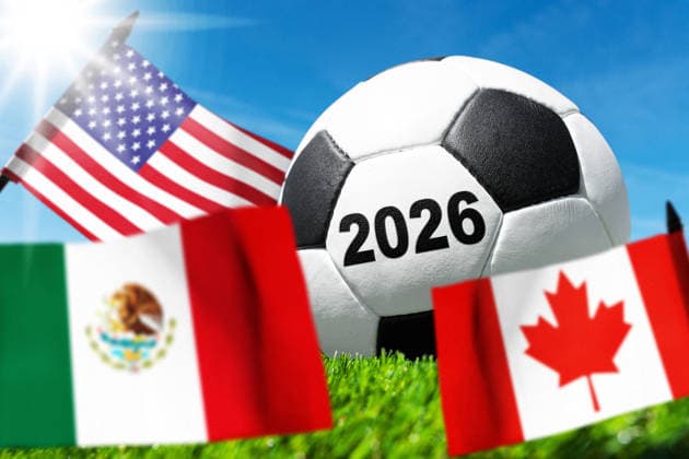 Germany - May 27, 2026: PHOTO MONTAGE, symbolic image of the 2026 World Cup: A soccer ball bearing the year 2026 in front of the flags of the United States, Mexico, and Canada on a soccer field. The image symbolizes the 2026 World Cup in North America. *** FOTOMONTAGE, Symbolfoto Fußball-WM 2026: Fußball mit der Jahreszahl 2026 vor den Flaggen der USA, Mexikos und Kanadas auf Spielfeldrasen. Das Motiv steht symbolisch für die Fußball-Weltmeisterschaft 2026 in Nordamerika.