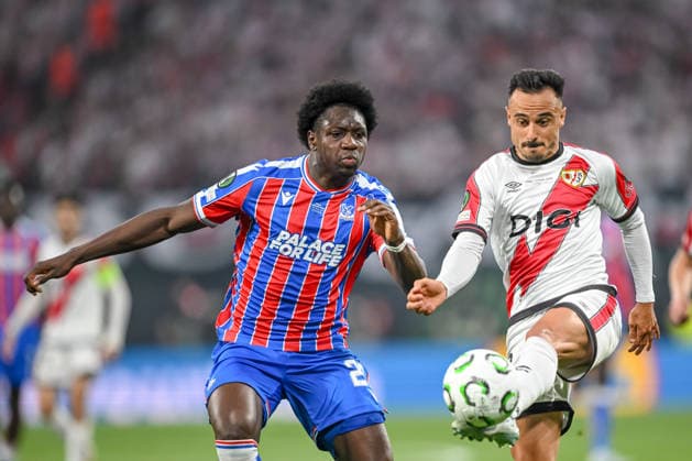 Jaydee Canvot Crystal Palace and Alvaro Garcia Rayo Vallecano battle for the ball during the UEFA Conference League Final 2026 match between Crystal Palace FC and Rayo Vallecano de Madrid at Football Arena Leipzig on May 27, 2026 in Leipzig, Germany Photo by Harry Langer DeFodi Images