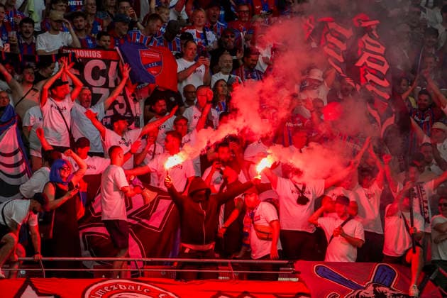 Germany Football UEFA Conference League Final 2025 2026 Crystal Palace vs Rayo Vallecano Red Bull Arena Leipzig Spectators, fans, grandstand, flag, banner, banner, choreography, fan choreography, Leipzig Copyright: xAymanxAlahmedx